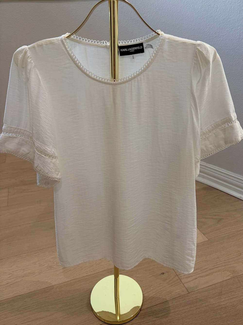 Karl Lagerfeld Cream Short Puff Sleeve Blouse with Lace Trim